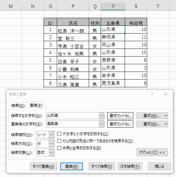 置換のオプション